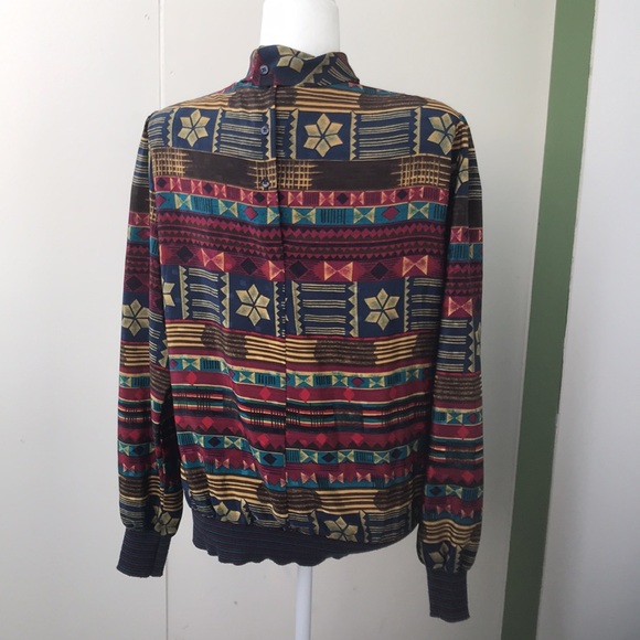 Vintage 80s Jewel Tone Striped Geometric Snowflake Turtleneck Satiny Winter Top - Picture 4 of 8